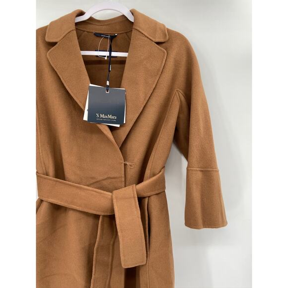 'S Max Mara Free Camel Brown Wool Belted Tie Waist Coat Size 2 NWT - Picture 5 of 9